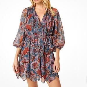 Revolve Misa Los Angeles Tara Mini Dress  Cerulean Metallic Floral XS NWT Boho